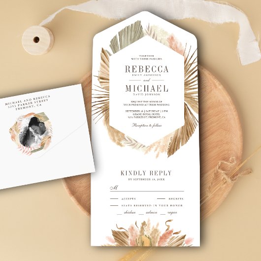 Rustic Boho Pampas Grass Dried Palm Leaves Wedding All In One Uitnodiging