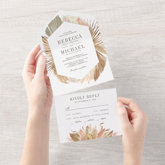 Rustic Boho Pampas Grass Dried Palm Leaves Wedding All In One Uitnodiging (Afscheurbaar)