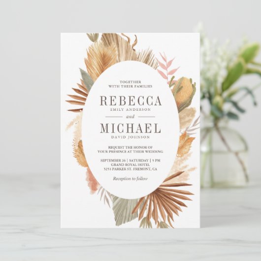 Rustic Boho Pampas Grass Dried Palm Oval Wedding Kaart (Staand voorkant)