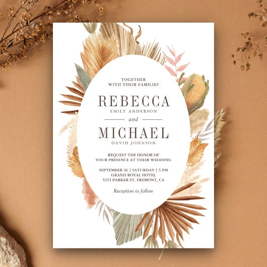 Rustic Boho Pampas Grass Dried Palm Oval Wedding Kaart