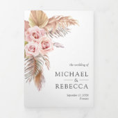 Rustic Boho Pampas Grass Dusty Pink Roses Wedding Drieluik Uitnodiging (Cover)