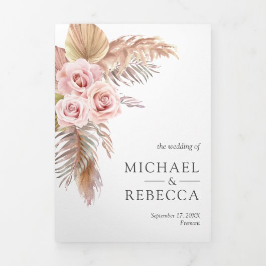 Rustic Boho Pampas Grass Dusty Pink Roses Wedding Drieluik Uitnodiging (Cover)