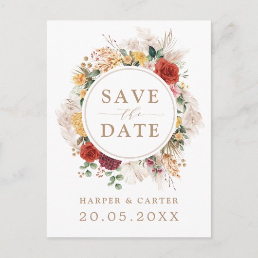 Rustic Boho Pampas Grass Flower Greenery Wedding Aankondigingskaart (Voorkant)