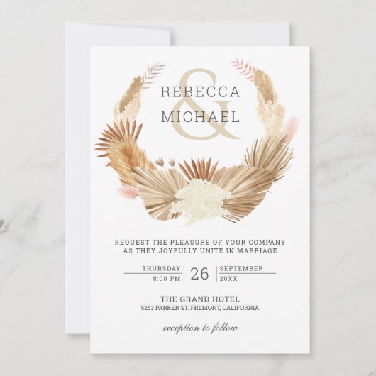 Rustic Boho Pampas Grass Gedroogde Palm Wedding Kaart (Voorkant)