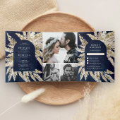 Rustic Boho Pampas Grass Navy Blue Arch Wedding Drieluik Uitnodiging