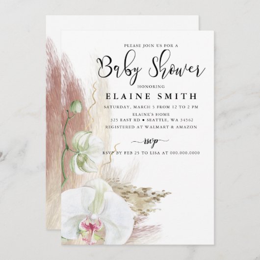 Rustic Boho Pampas Grass Orchid Baby shower Kaart (Voorkant / Achterkant)