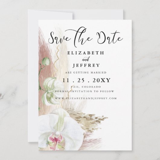 Rustic Boho Pampas Grass Orchid Save the Date Aankondiging (Voorkant)