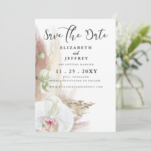 Rustic Boho Pampas Grass Orchid Save the Date Aankondiging (Staand voorkant)