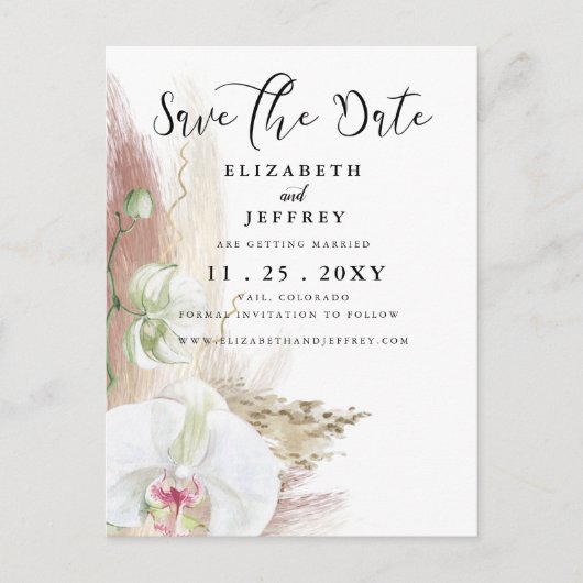 Rustic Boho Pampas Grass Orchid Save the Date Aankondigingskaart (Voorkant)