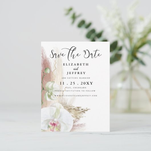 Rustic Boho Pampas Grass Orchid Save the Date Aankondigingskaart (Staand voorkant)