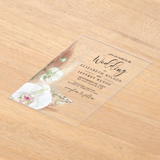 Rustic Boho Pampas Grass White Orchid Wedding Acryl Uitnodigingen (Laagn)