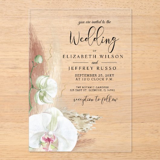Rustic Boho Pampas Grass White Orchid Wedding Acryl Uitnodigingen (Voorkant)