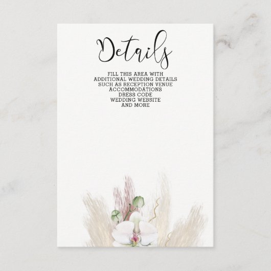 Rustic Boho Pampas Grass White Orchid Wedding Informatiekaartje (Voorkant)