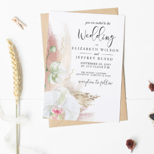Rustic Boho Pampas Grass White Orchid Wedding Kaart