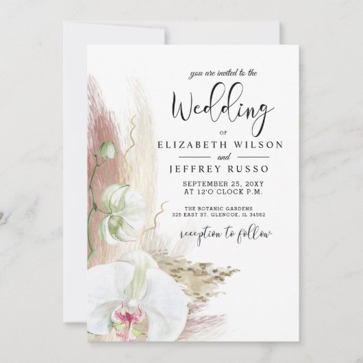 Rustic Boho Pampas Grass White Orchid Wedding Kaart (Voorkant)
