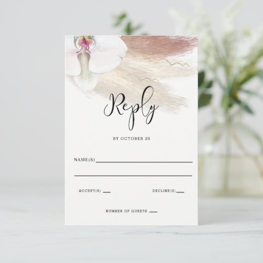 Rustic Boho Pampas Grass White Orchid Wedding RSVP Kaartje (Staand voorkant)