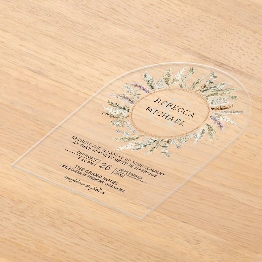 Rustic Boho Pampas Grass Wreath Ampersand Wedding Acryl Uitnodigingen (Laagn)