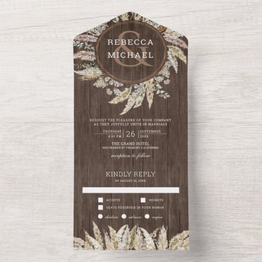 Rustic Boho Pampas Grass Wreath Barn Wood Wedding All In One Uitnodiging (Binnen)