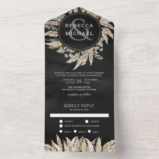 Rustic Boho Pampas Grass Wreath Black Wedding All In One Uitnodiging (Binnen)