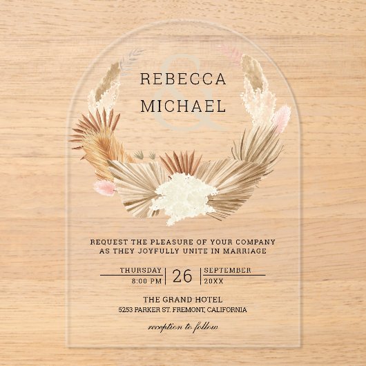 Rustic Boho Pampas Grass Wreath Dried Palm Wedding Acryl Uitnodigingen (Voorkant)