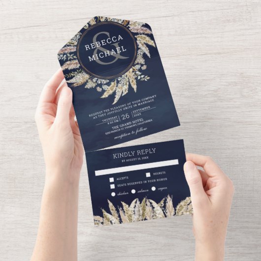 Rustic Boho Pampas Grass Wreath Navy Blue Wedding All In One Uitnodiging (Afscheurbaar)