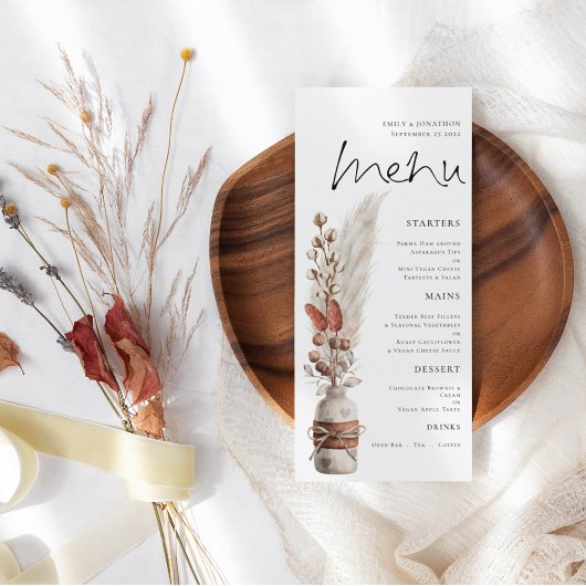 Rustic Boho Pampas Grasses Wedding Menu