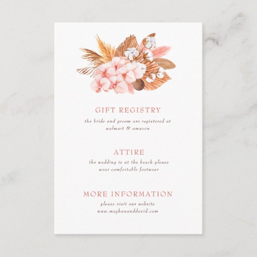 Rustic Boho Pampas Orchids Cotton Blush Wedding Informatiekaartje (Voorkant)