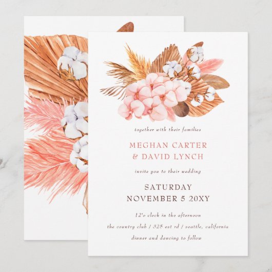 Rustic Boho Pampas Orchids Cotton Blush Wedding Kaart (Voorkant / Achterkant)