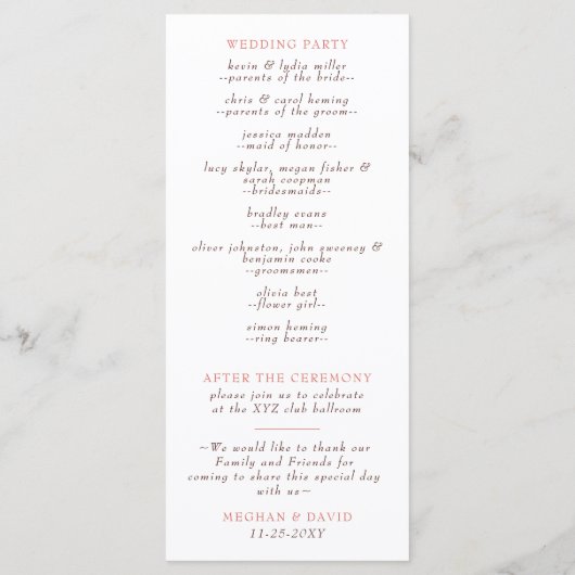Rustic Boho Pampas Orchids Cotton Blush Wedding Programmakaart (Achterkant)