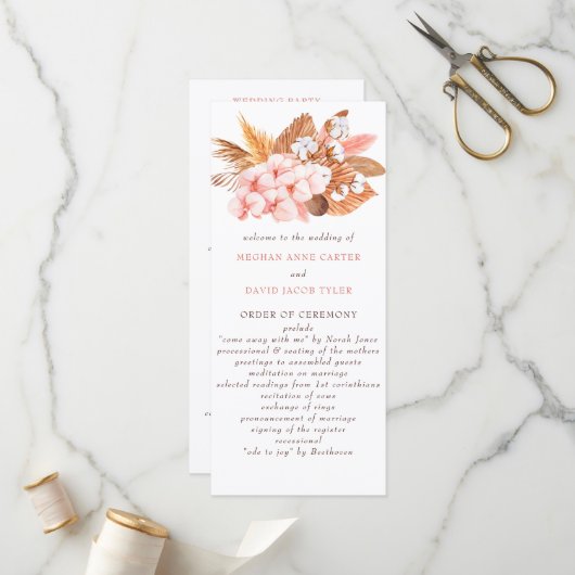 Rustic Boho Pampas Orchids Cotton Blush Wedding Programmakaart (Voorkant / Achterkant in situ)