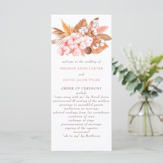 Rustic Boho Pampas Orchids Cotton Blush Wedding Programmakaart (Staand voorkant)