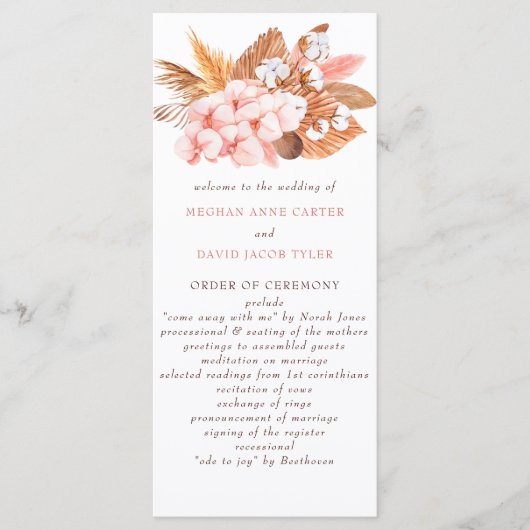 Rustic Boho Pampas Orchids Cotton Blush Wedding Programmakaart (Voorkant)