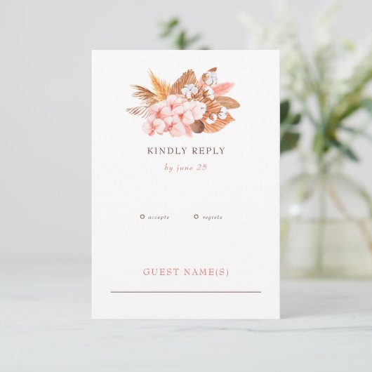 Rustic Boho Pampas Orchids Cotton Blush Wedding RSVP Kaartje (Staand voorkant)