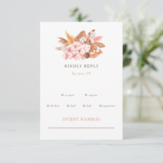 Rustic Boho Pampas Orchids Cotton Blush Wedding RSVP Kaartje (Staand voorkant)