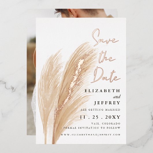 Rustic Boho Pampas Photo Save the Date Folie Invit Uitnodiging (Voorkant / Achterkant)