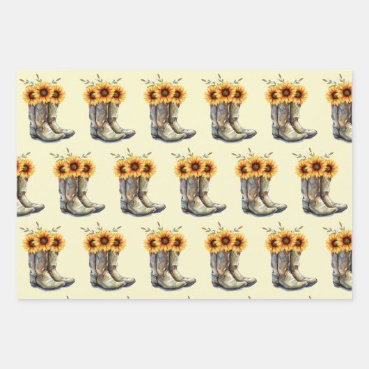 Rustic Boho Pattern - Cowboy Boots met zonnebloeme Inpakpapier Vel (Voorkant)