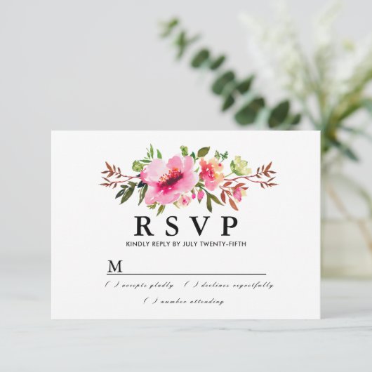 Rustic Boho Pink Floral Wedding RSVP Kaart (Staand voorkant)