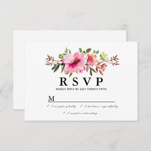 Rustic Boho Pink Floral Wedding RSVP Kaart (Voorkant / Achterkant)