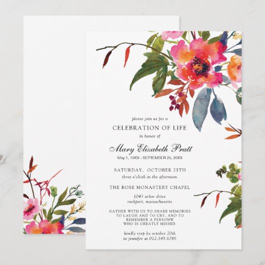 Rustic Boho Pink Flower Celebration of Life Kaart (Voorkant / Achterkant)