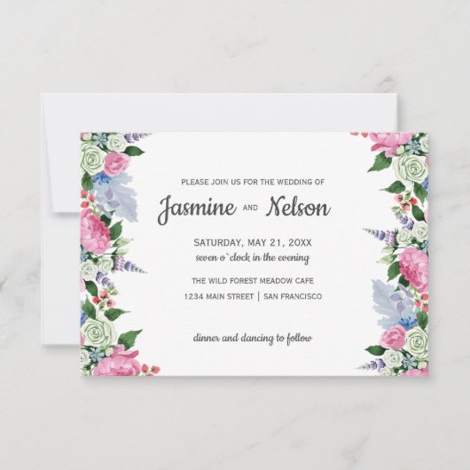 Rustic Boho Pink lila bruiloft met florale grens Kaart (Voorkant)