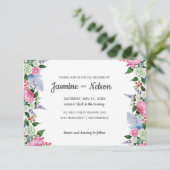 Rustic Boho Pink lila bruiloft met florale grens Kaart (Staand voorkant)