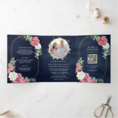 Rustic Boho Pink Roses Floral Navy QR Code Weddens Drieluik Uitnodiging (Binnen)