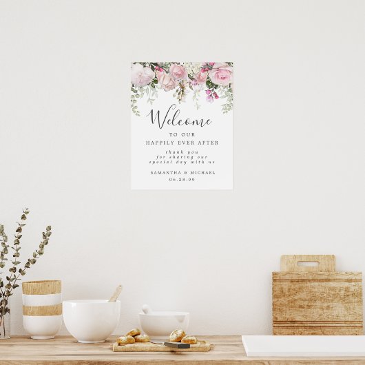 Rustic Boho Pink White Floral Wedding Welcome Sign Poster (Keuken)