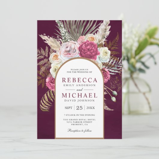 Rustic Boho Plum Floral Arch Wedding Kaart (Staand voorkant)