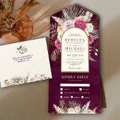 Rustic Boho Plum Floral Bouquet Arch Wedding All In One Uitnodiging