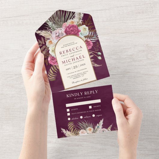 Rustic Boho Plum Floral Bouquet Arch Wedding All In One Uitnodiging (Afscheurbaar)