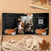 Rustic Boho Pumpkin Foto QR Code Black Weddenschap Drieluik Uitnodiging