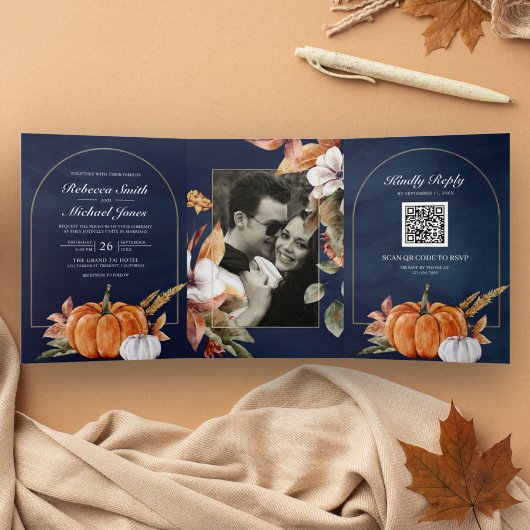 Rustic Boho Pumpkin Foto QR Code Navy Weddenschap Drieluik Uitnodiging