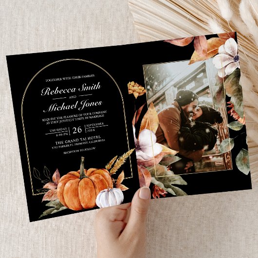 Rustic Boho Pumpkin Photo QR Code Black Wedding