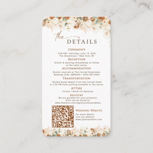 Rustic Boho QR Code Wedding Details Card  Informatiekaartje (Voorkant)